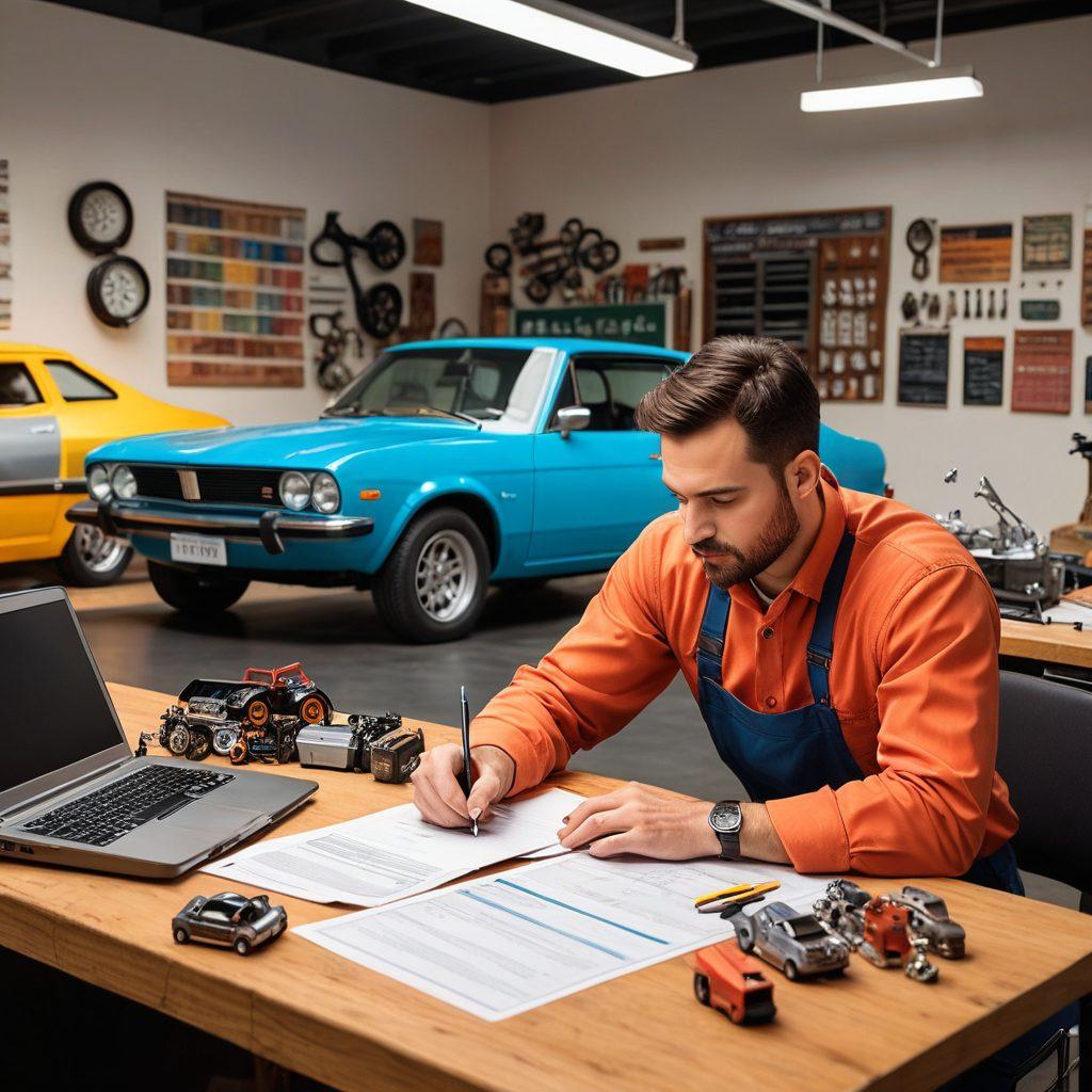 A serene workshop scene featuring a friendly mechanic examining car insurance papers with a laptop open, surrounded by car parts and vibrant infographics about affordable car coverage. Include elements like a chalkboard with tips and a budget car parked outside. The atmosphere should convey friendliness and expertise. super-realistic. vibrant colors. soft lighting.