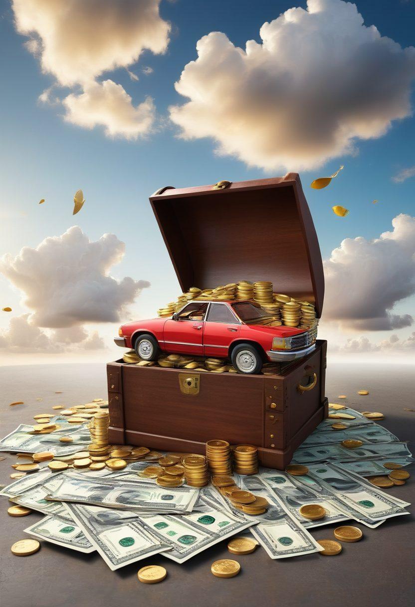 An open treasure chest overflowing with car insurance policies, surrounded by gold coins and dollar bills, symbolizing savings. In the background, a car icon made of clouds and a road leading to a sunlit horizon, representing a journey of financial discovery. Bright and inviting colors to evoke a sense of hope and opportunity. super-realistic. vibrant colors. white background.