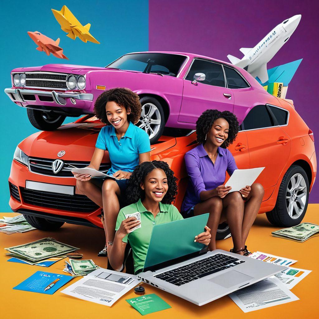 A split image of a family happily comparing car insurance policies on a laptop, surrounded by documents and calculators, with a background that features a shiny car and dollar signs to symbolize savings. Emphasize bright colors to evoke a sense of hope and financial savvy. modern illustration. vibrant colors. 3D.